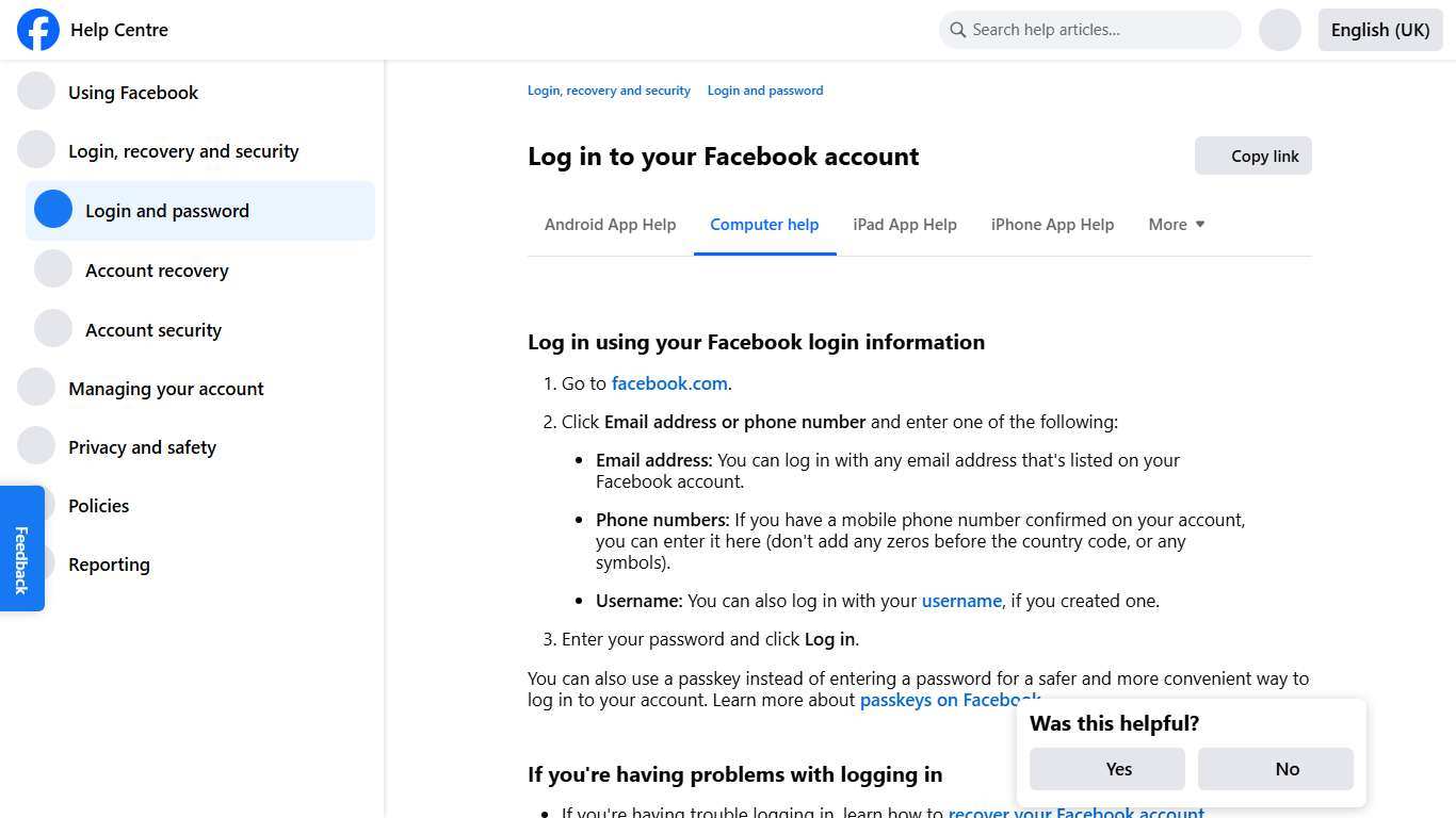 Log in to your Facebook account Facebook Help Centre
